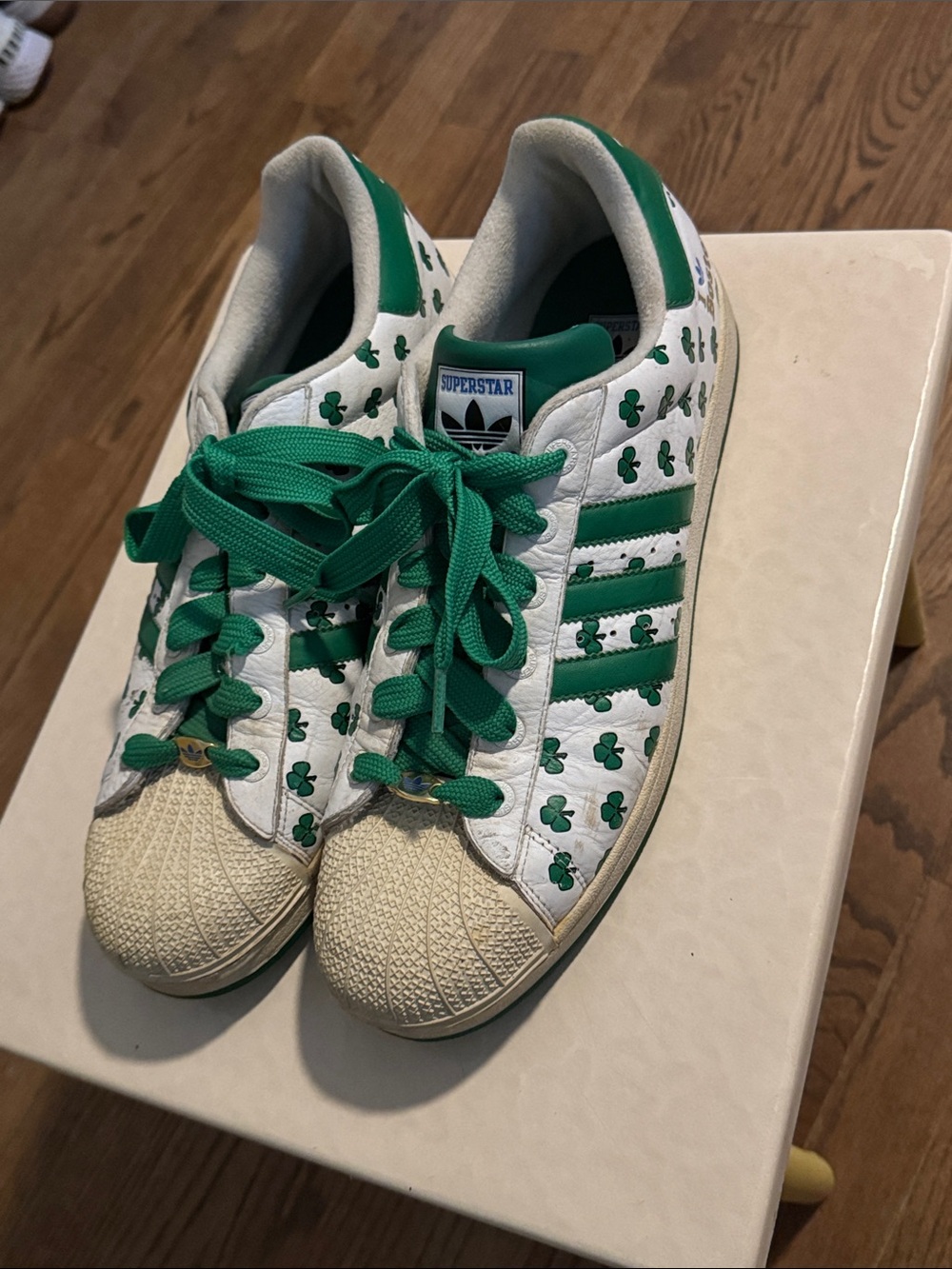 adidas Superstar Sneakers in White and Green Clover